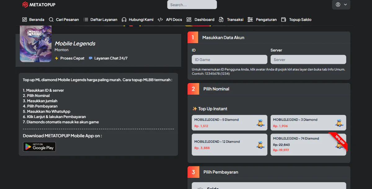 Web Top Up Game dan PPOB Otomatis MetaTopUp